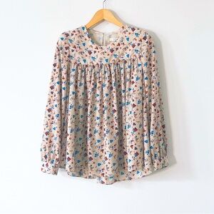 Merry Soft Beige Romantic Floral Crew Neck Long Sleeve Blouse Shoulder Pads Sz S